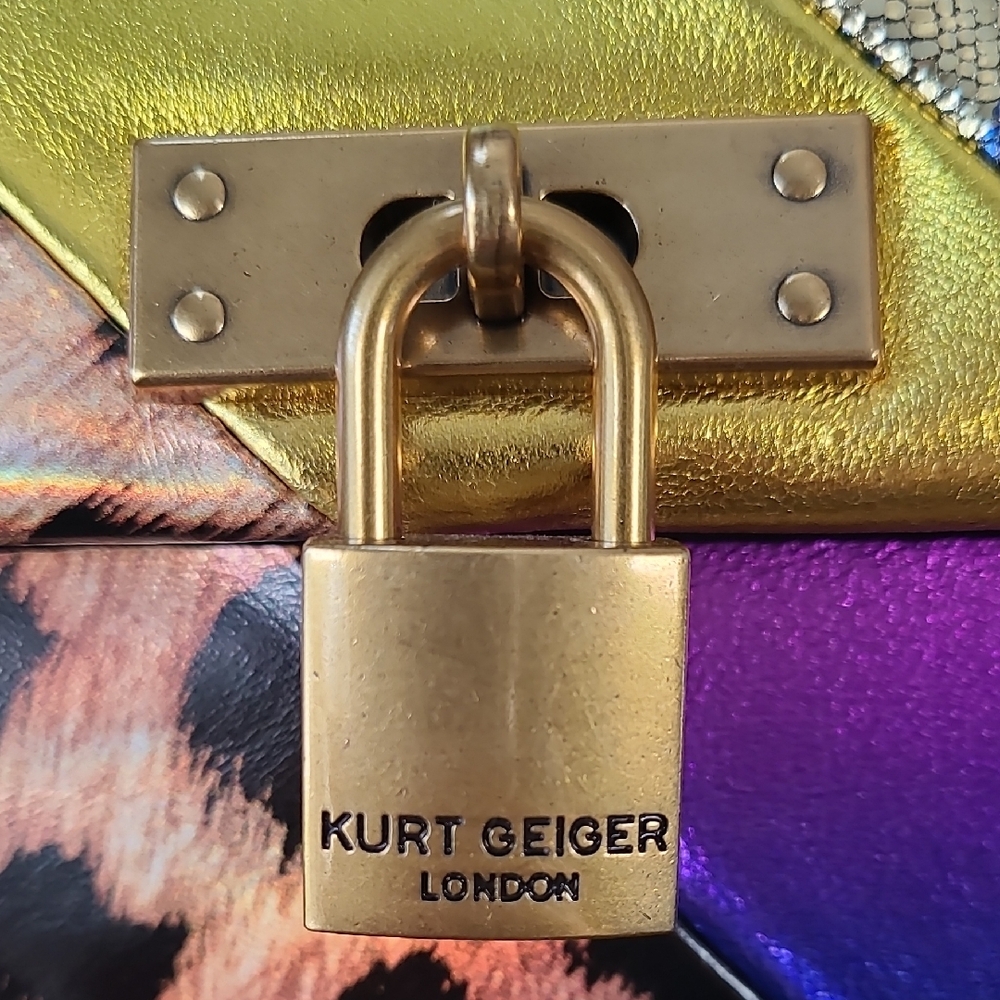 Kurt Geiger Brixton Lock Gold Rainbow Multi-Color Metallic Leather Bag Purse - Picture 2 of 16